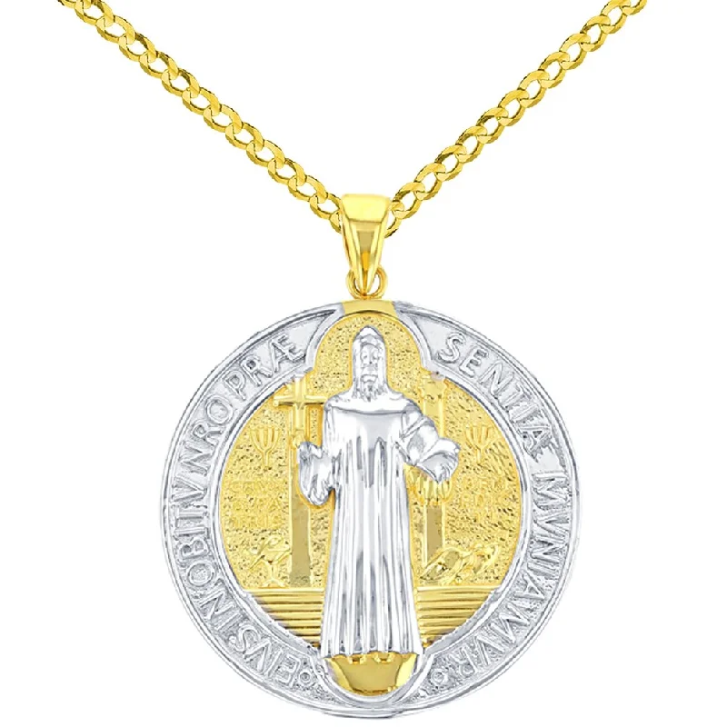 women minimalist pendant necklaces -Solid 14K Gold Polished St Benedict Medal Charm Saint Pendant Cuban Chain Necklace - Yellow Gold