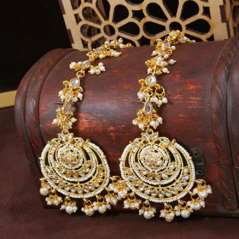 women multicolor earrings -Etnico Gold Plated Kundan & Pearl Chandbali Earrings with Pear Earchain For Women (E2928W)