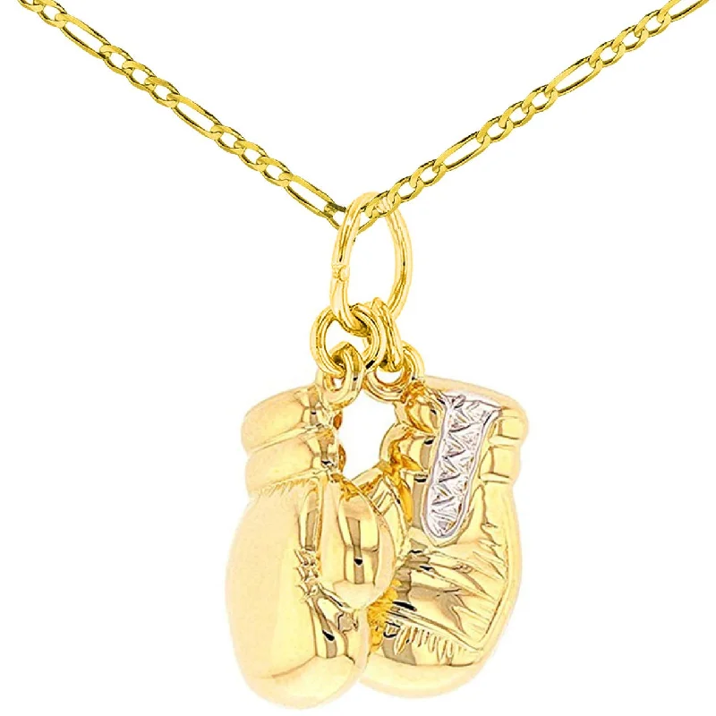 women teardrop necklaces -14k High Polish Yellow Gold 3D Boxing Gloves Charm Sports Pendant Figaro Chain Necklace