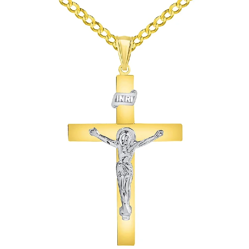 women adjustable necklaces -14k Two-Tone Gold 4mm Thick INRI Tubular Cross Roman Catholic Crucifix Pendant with Cuban Chain Curb Necklace