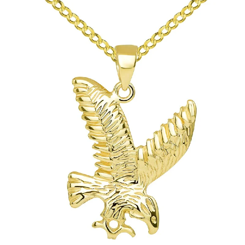 women matching necklaces -14k Solid Gold Soaring American Eagle Animal Pendant with Cuban Chain Necklace - Yellow Gold