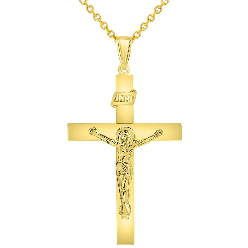 women chunky necklaces -14k Yellow Gold 4mm Thick INRI Tubular Cross Roman Catholic Crucifix Pendant Necklace