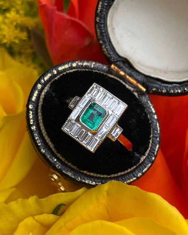 women vintage-style rings -Art Deco Emerald and Diamond Platinum Ring 0.80ct + 0.50ct