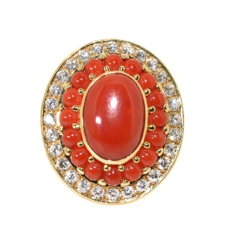 women diamond rings -18kt Yellow Gold Coral & Diamond Cocktail Ring (1.40 ctw)