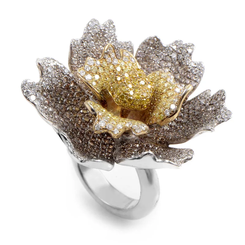 women rose gold engagement rings -18K White Gold Multi-Gold Brown & Yellow Diamond Flower Ring CRR7932