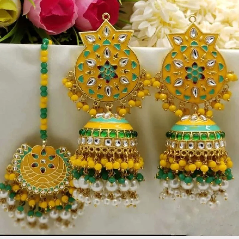 women boho earrings -Akruti Collection Gold Plated Kundan Stone And Pearls Meenakari Earrings With Maangtikka