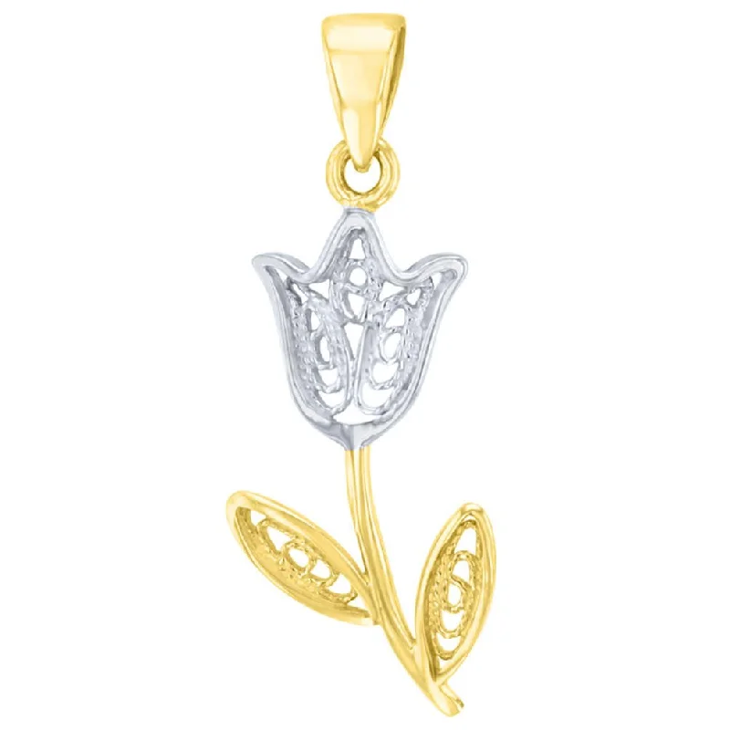 women minimalist pendant necklaces -14k Gold Filigree Tulip Two Tone Flower Pendant - Yellow Gold