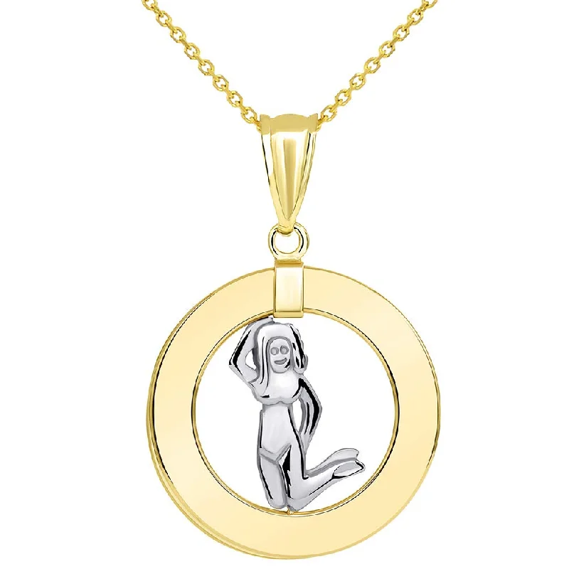 women statement gold necklaces -Solid 14k Two Tone Gold Open Circle Virgo Zodiac Sign Pendant Necklace