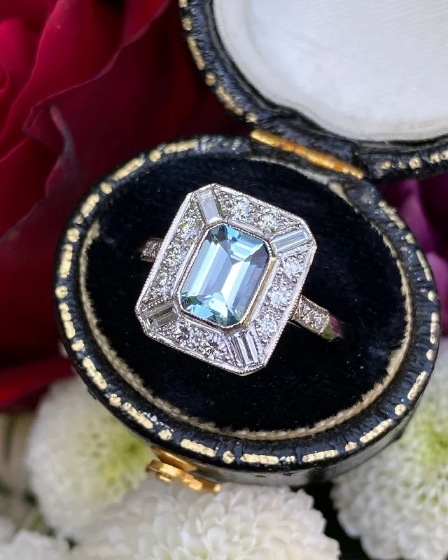 women solitaire rings -Art Deco Aquamarine and Diamond Platinum Ring 0.60ct + 0.80ct