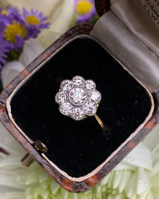 women engraved wedding rings -Victorian Style Diamond Daisy Cluster Ring 1.10ct 18ct Yellow Gold