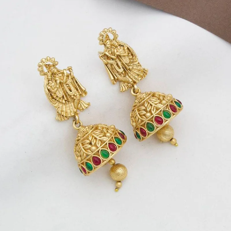 women gemstone stud earrings -Manisha Jewellery Gold  Plated Pota Stone And Pearls Temple Jhumki Earrings