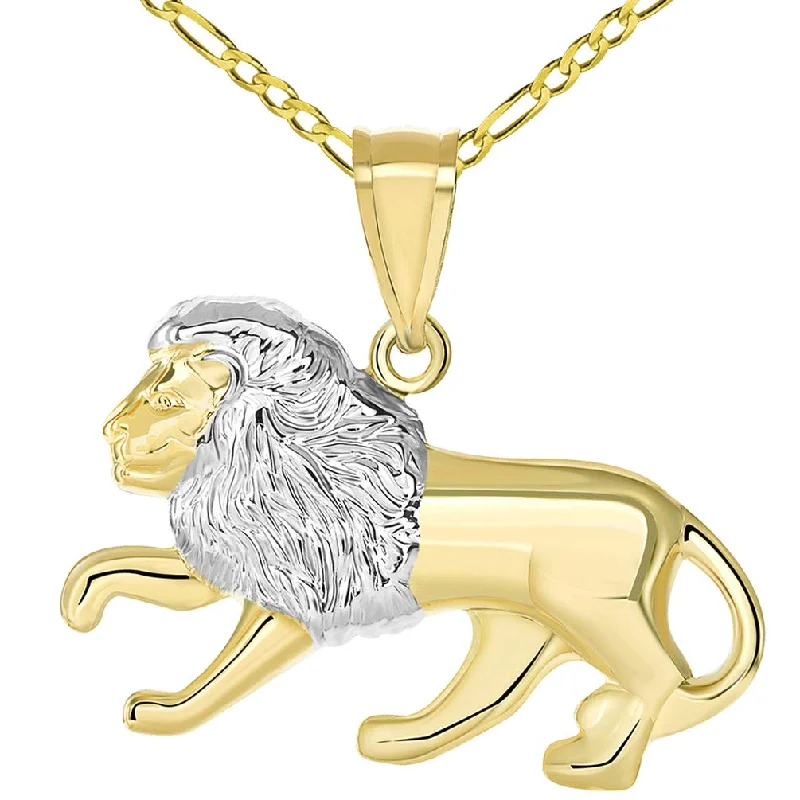 women star-shaped necklaces -14K High Polish Yellow Gold Lion Pendant Leo Zodiac Sign Charm with Figaro Chain Necklace