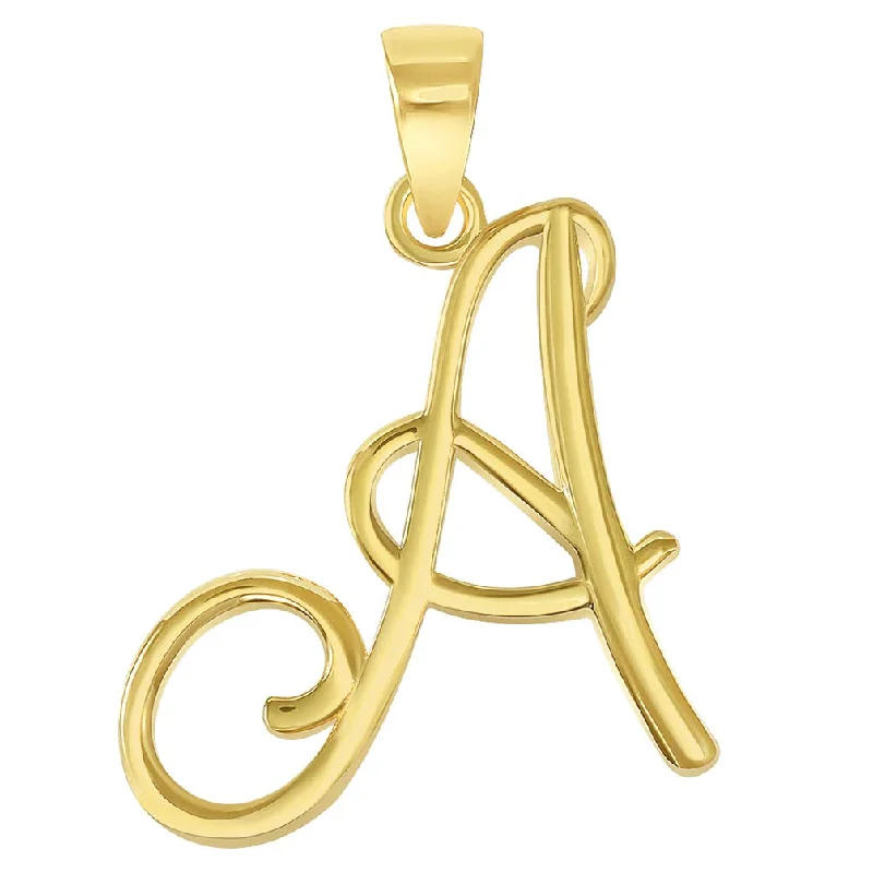 women engraved necklaces -Solid 14k Yellow Gold Elegant Script Letter Cursive Initial Pendant - A to Z