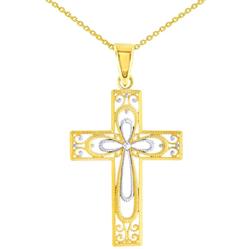 women adjustable necklaces -14K Gold Textured Milgrain Filigree Cross Pendant Necklace - Yellow Gold