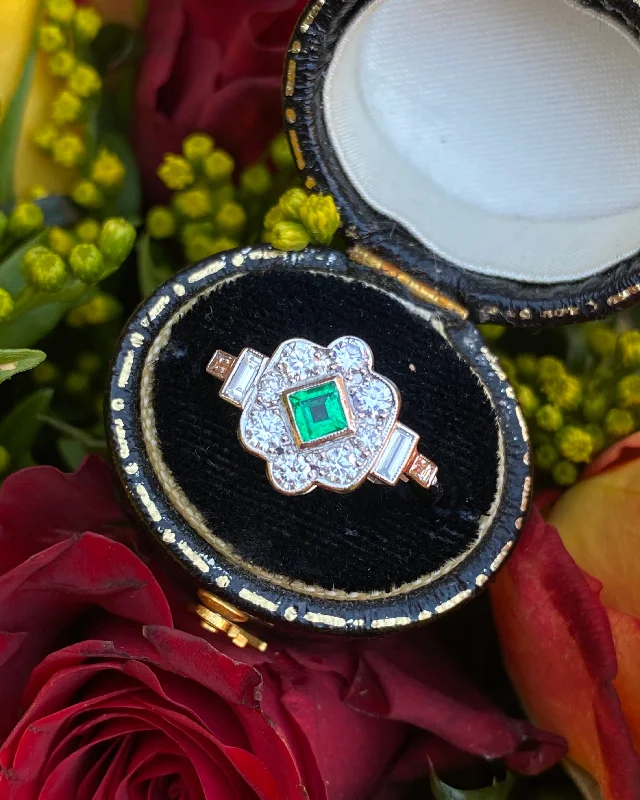 women rose gold rings -Victorian Emerald and Diamond Platinum Ring 0.60ct + 0.20ct