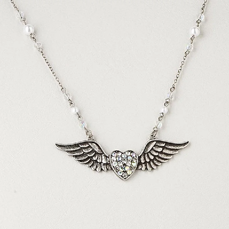 women twisted chain necklaces -Heart with Wings Pendant on Extra Long Crystal Necklace Chain