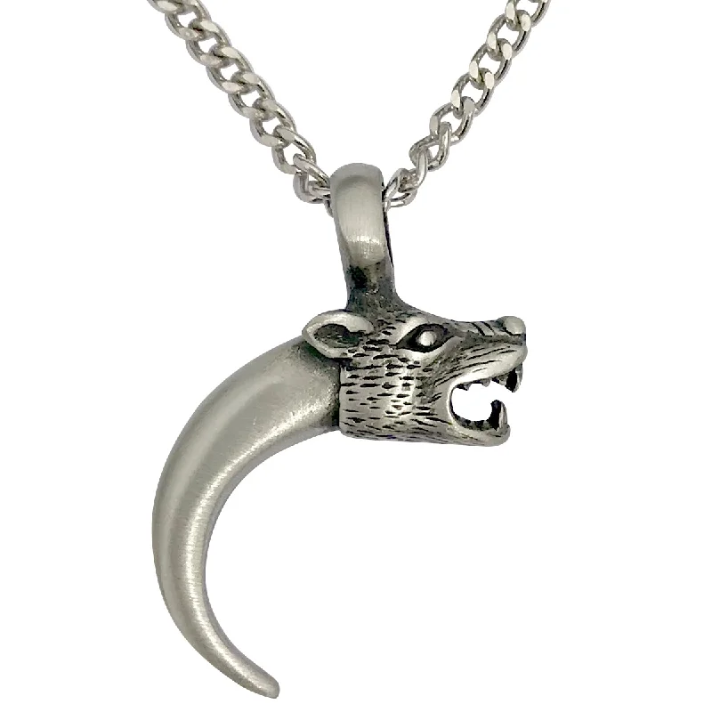 women eco-friendly necklaces -Pewter Wolf Claw Pendant with Extra Large Bail, on Men's Heavy Curb Chain Necklace, 24"