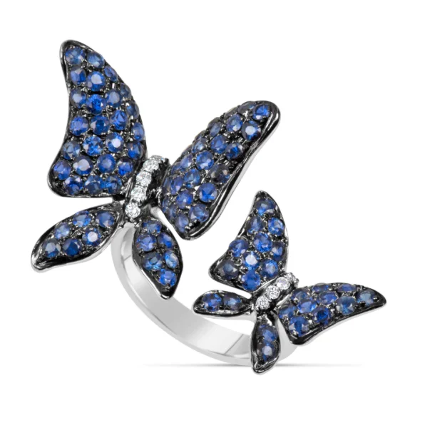 women round diamond rings -18kt White Gold Blue Sapphire & Diamond Butterfly Ring