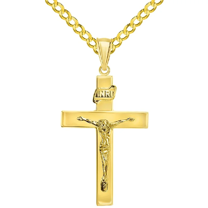 women silver chain necklaces -14k Yellow Gold 4mm Thick INRI Tubular Crucifix Roman Catholic Cross Pendant with Cuban Chain Curb Necklace