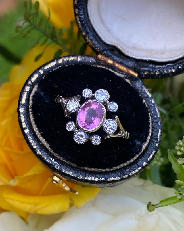 women pear-shaped rings -Edwardian Style Pink Sapphire and Diamond Platinum Cluster Ring 0.30ct + 0.80ct