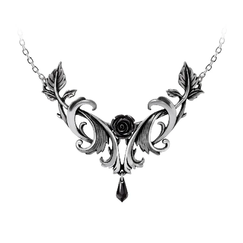 women halo necklaces -Baroque Black Rose Crystal Pendant Necklace by Alchemy Gothic