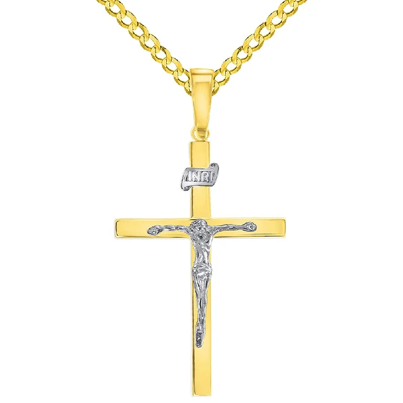 women celestial necklaces -14k Two-Tone Gold 3D INRI Catholic Christian Crucifix Cross Pendant with Cuban Chain Curb Necklace