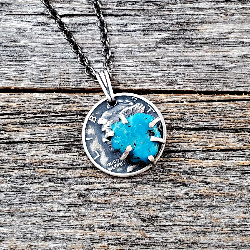 women charm necklaces -Kingman Turquoise Mercury Dime Necklace