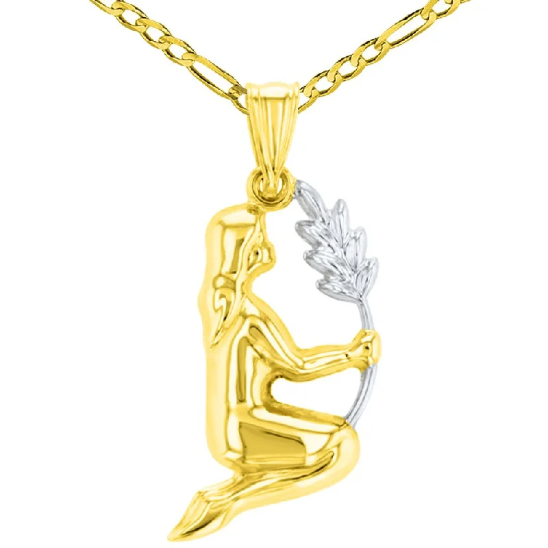 women heart-shaped necklaces -High Polished Handcrafted 14K Yellow Gold Virgo Maiden Holding Wheat Zodiac Sign Charm Pendant Figaro Chain Necklace