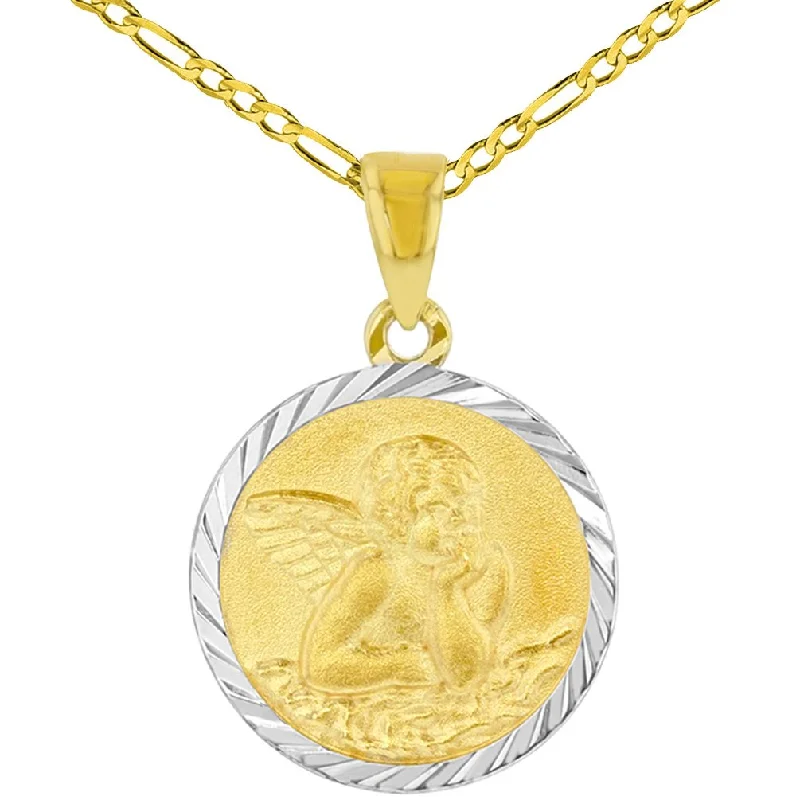 women butterfly necklaces -14k Yellow Gold Round Baptism Charm Guardian Angel Textured Medallion Pendant Figaro Chain Necklace