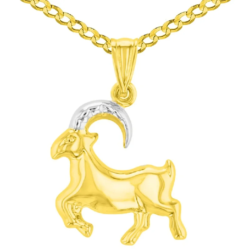 women silver chain necklaces -High Polish Solid 14 Karat Yellow Gold Capricorn Zodiac Sign Charm Pendant Cuban Chain Necklace