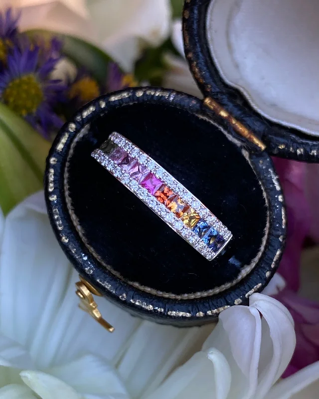 women custom engraved rings -Multi-Coloured Sapphire and Diamond Rainbow Half Eternity Ring 18ct White Gold 0.25ct + 0.79ct