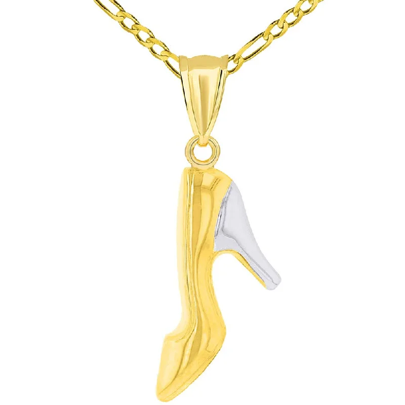 women wedding necklaces -14k Gold Two Tone Pointed Toe High Heel Shoe Pendant with Figaro Necklace - Yellow Gold