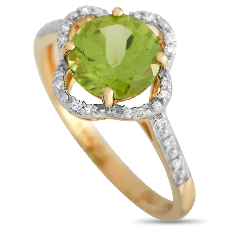 women rose gold engagement rings -LB Exclusive 14K Yellow Gold 0.10ct Diamond and Peridot Quatrefoil Ring RC4-11976YPE