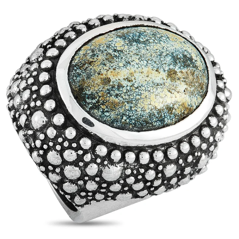 women platinum solitaire engagement rings -King Baby Silver and Spotted Turquoise Beaded Texture Ring