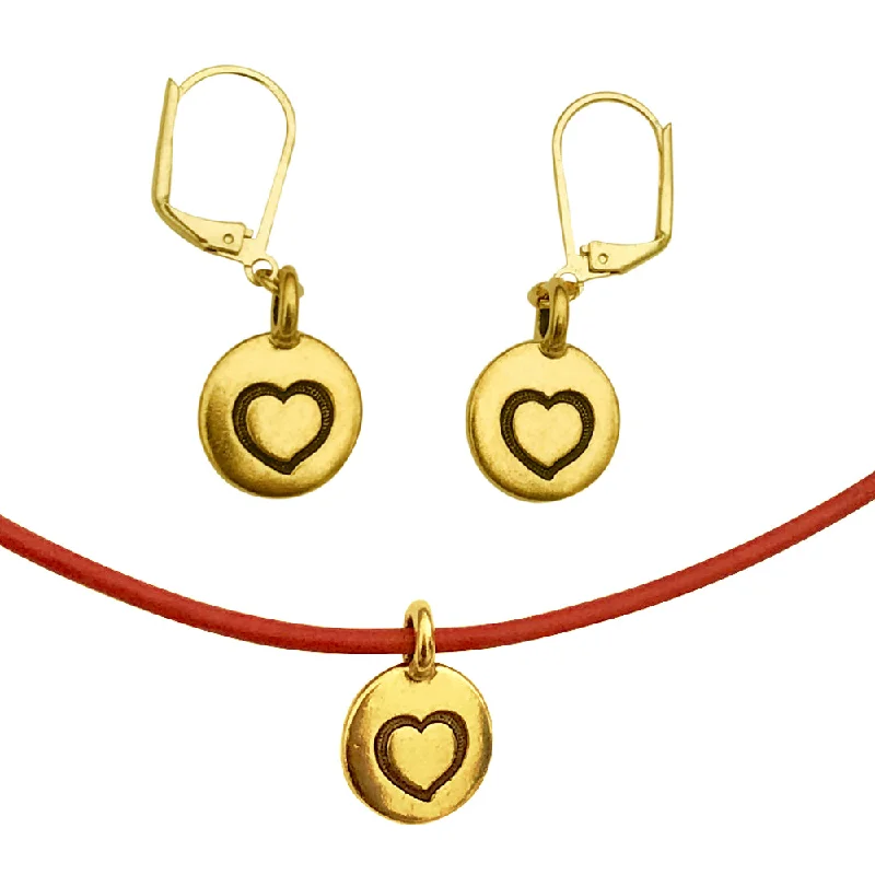 women flower necklaces -DragonWeave Heart Circle Love Charm Red Necklace & Earring Set, Gold Plated Red Leather