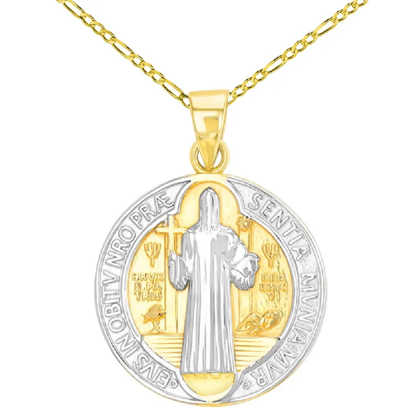 women rose gold necklaces -Solid 14K Gold Polished St Benedict Medal Charm Saint Pendant Figaro Chain Necklace - Yellow Gold