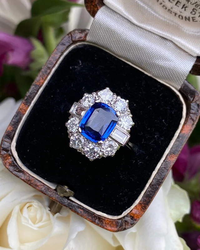 women unique rings -Art Deco Sapphire and Diamond Cluster Ring 1.15ct + 1.85ct Platinum