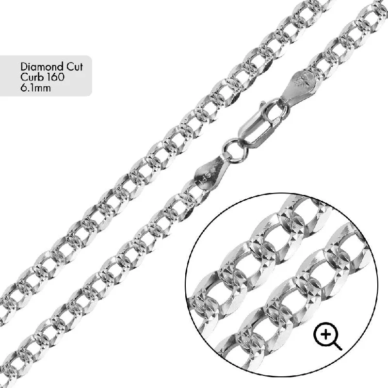 women silver bangles -Curb 160 1 Side Diamond Cut 1 Side Plain Chain or Bracelet 6.1mm - CH629B