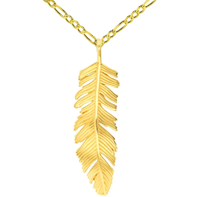 women ruby necklaces -14k Solid Yellow Gold Polished Feather Charm Pendant with Figaro Chain Necklace