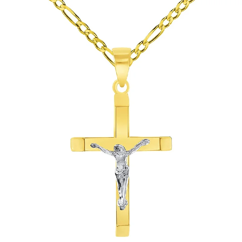 women antique necklaces -14k Two-Tone Gold 3D Catholic Christian Crucifix Slanted-Edge Cross Pendant with Figaro Chain Necklace