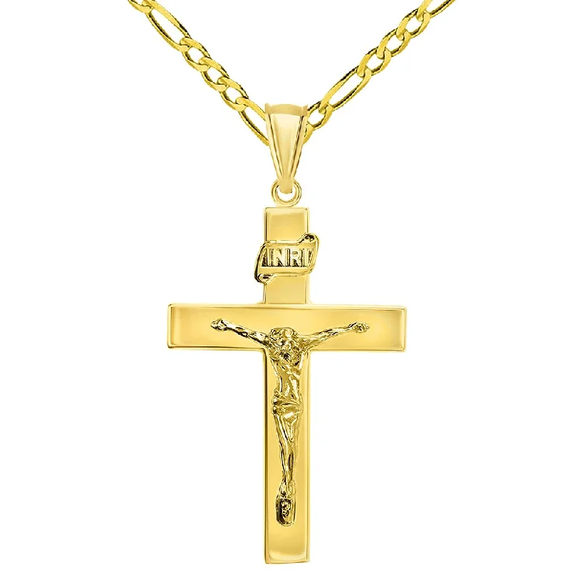 women vintage-style necklaces -14k Yellow Gold 4mm Thick INRI Tubular Crucifix Roman Catholic Cross Pendant with Figaro Chain Necklace