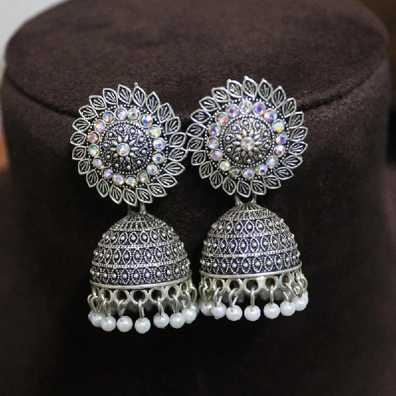 women drop earrings -H K Fashion Oxidised Plated Austrian Stone And Pearls Jhumki Earrings