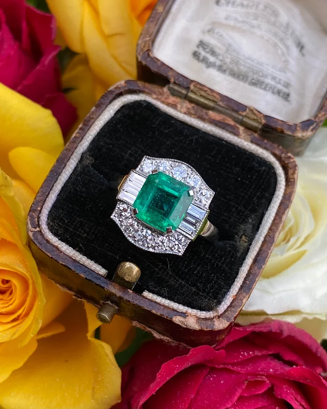 women diamond solitaire rings -Art Deco Emerald and Diamond Cluster Platinum Ring 0.85ct + 2.05ct