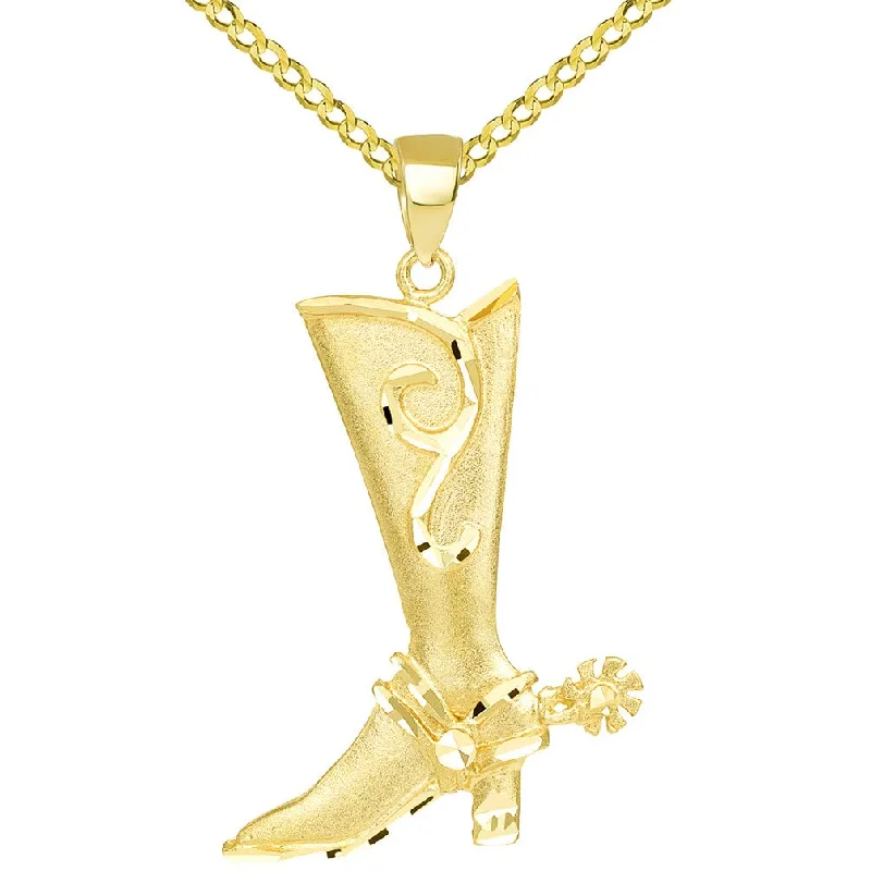 women star pendant necklaces -Textured 14k Gold Double Sided Cowboy Riding Boot with Spur Pendant Cuban Necklace - Yellow Gold