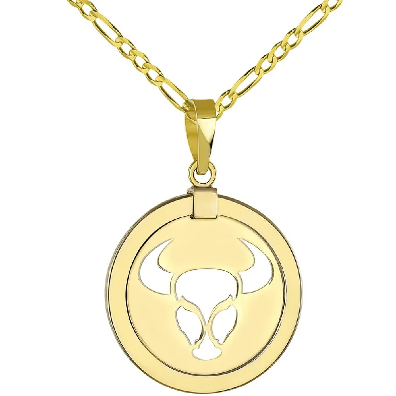 women engraved pendant necklaces -14K Gold Reversible Round Bull Taurus Zodiac Sign Pendant with Figaro Chain Necklace - Yellow Gold