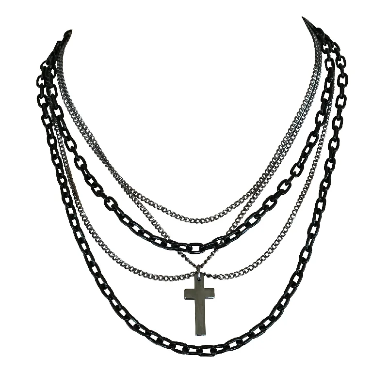 women elegant necklaces -Multilayer Gothic 80s Retro Black and Gunmetal Chain Fashion Necklace with Cross