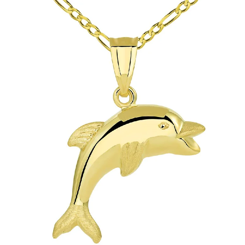 women vintage charm necklaces -14k Gold Polished Smiling and Jumping 3D Dolphin Pendant Figaro Necklace - Yellow Gold