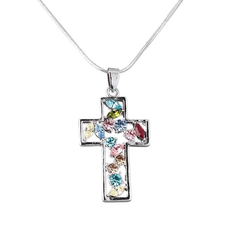 women lock necklaces -Multicolor Czech Glass Rhinestone Silvertone Cross Pendant on Snake Chain Necklace