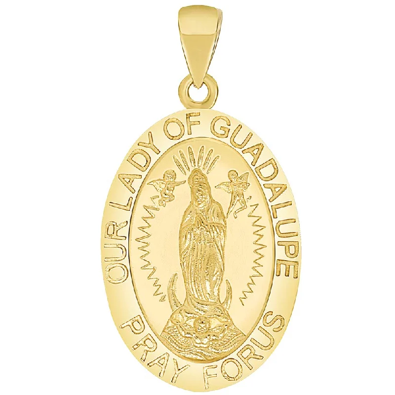 women fancy necklaces -Solid 14k Gold Our Lady Of Guadalupe Pray For Us Miraculous Medal Pendant - Yellow Gold