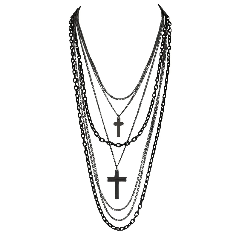 women silver necklaces -Deluxe Gothic Crosses Retro 80s Madonna Multilayer Black & Gunmetal Chain Long Multi Strand Necklace